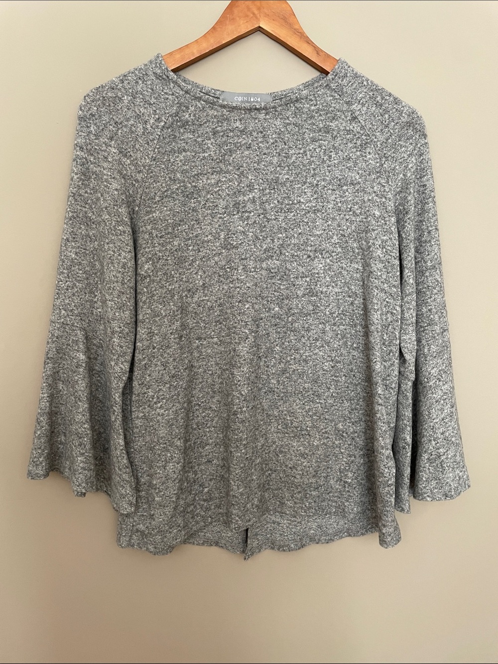 Grey Long-Sleeve Knit Top with Bell Sleeves